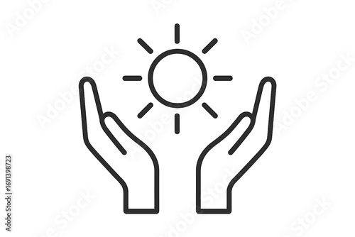 Hands holding sun line icon. Hope and care concept. New day, new life metaphor. Charity, help and support symbol. Environment protection. Clean solar energy logo idea. Light in hands.