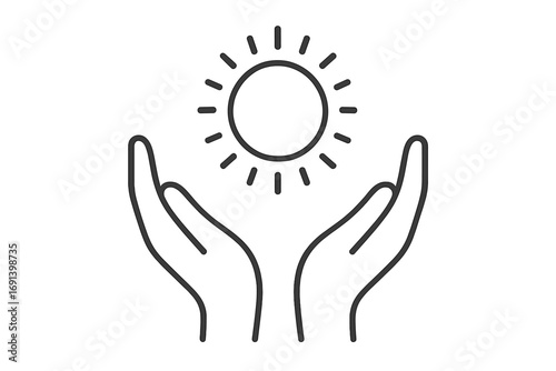Sun in hands line icon. Hope, warmth, new life metaphor. Charity giving concept. Solar energy and power symbol. Support and care pictogram for positive logo. Vector illustration.