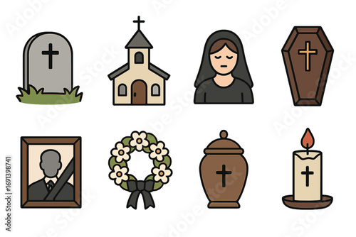 Funeral and memorial service line icon set. Burial ceremony vector illustrations. Gravestone, coffin, church, urn, wreath, candle, widow. Grief, death, RIP concept.