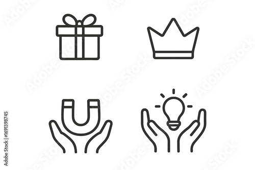 Business and marketing thin line icon set. Concepts of valuable gift, premium quality, customer attraction and retention, creative idea and innovation. Vector illustration.