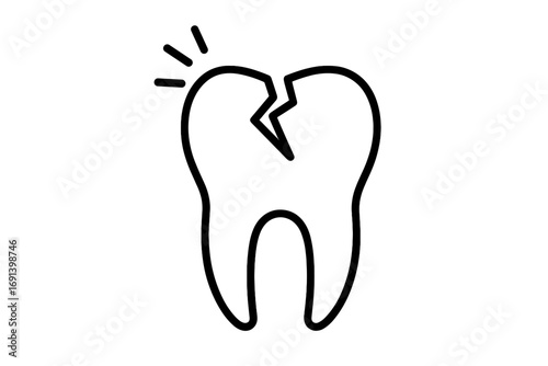 Broken tooth icon, symbol of toothache and dental pain. Cracked molar concept for dentistry or stomatology clinic. Oral disease, caries, decay, tooth trauma. Linear vector logo.