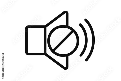 No sound icon, music prohibited symbol. Mute button for web and mobile app interface. Silent mode pictogram. Volume off sign. Audio restriction vector illustration. No noise design.