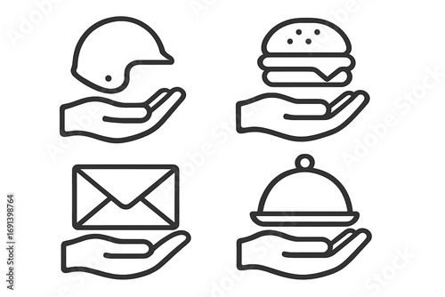 Delivery service icon set. Food delivery, mail, courier concept. Hand holding helmet, burger, letter, cloche. Outline vector icons for apps, web, online ordering, shipping.