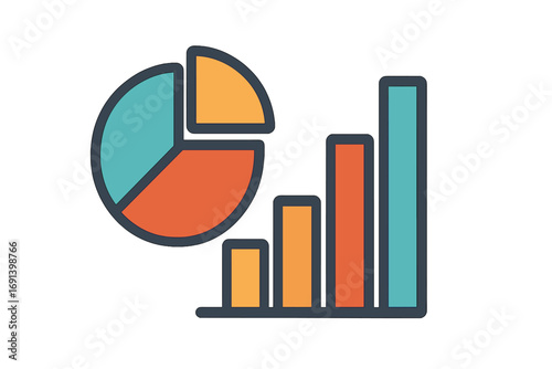 Data analysis flat icon with pie chart and bar graph. Vector for business analytics, financial report, market statistics. Infographic element showing progress and growth chart.