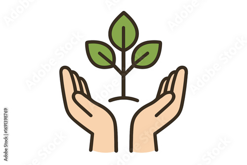 Hands holding a small plant. Green sprout in palms. Concept of growth, care, ecology, new life, development and environment protection. Vector logo for sustainability and business.