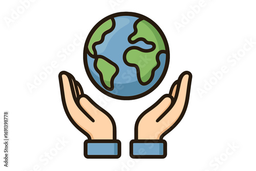 Hands holding planet Earth. Save the world concept. Environmental protection and care. Ecology and conservation symbol. Global sustainability and nature preservation vector icon.