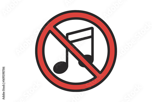 No music allowed sign. Music prohibited vector icon. Keep silence symbol. Sound off, quiet please notice. Warning information for public places. Do not disturb concept.