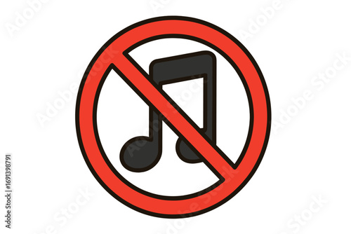 Music prohibited vector sign. No sound or loud music allowed icon. Keep silence symbol. Stop audio and noise warning sign. Flat cartoon illustration for web or print design.