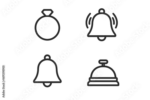 Ring and bell line icon set. Diamond engagement ring, notification alert, and hotel service bell symbols. Minimalist vector pictograms for UI, UX, and web design.