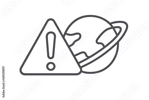Global warning icon with planet and exclamation mark. Concept of climate change, environmental disaster, world in danger, ecological crisis. Linear vector symbol for graphic design.