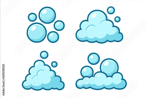 Soap bubbles and foam vector set. Cartoon illustration of water suds for bath, shampoo, or cleaning concepts. Fizzy soda pop elements. Blue bubble graphic icons collection.