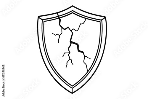 Broken shield line icon. Concept of cybersecurity vulnerability, failed protection, and data breach. Vector symbol for risk, danger, and insecurity. Hacked system or unsafe connection.