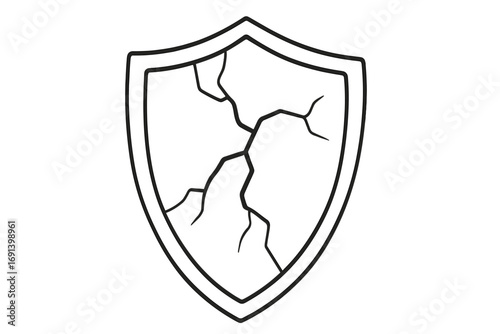Cracked shield vector line icon. Broken protection and security symbol. A metaphor for vulnerability, risk, danger, failure, damage, and data breach. Simple cartoon illustration.