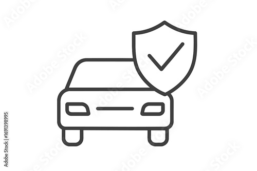 Car insurance thin line icon. Auto protection and vehicle safety symbol. Automobile with shield and check mark. Security, guarantee, and warranty concept for web design.
