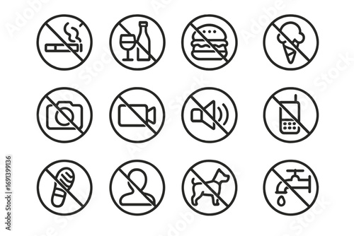 Forbidden signs thin line icon set. Prohibited public place rules outline symbols. No smoking, food, alcohol, pets, phone. Restriction and warning vector icons for web, app.