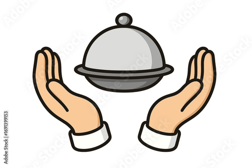 Restaurant cloche with bowl served between hands, waiter holding food tray, hospitality service concept, food delivery illustration, cartoon hand gesture vector