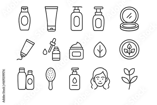 Beauty and skin care outline icon set. Cosmetics, shampoo, cream, and lotion line icons. Natural cosmetic products pictogram collection. Vector for web and graphic design.