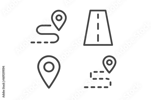 Route path map pin location road icon set. Minimalistic line art vector illustration. Navigation symbols for web, apps, banners, social networks, cards, travel and direction concepts.