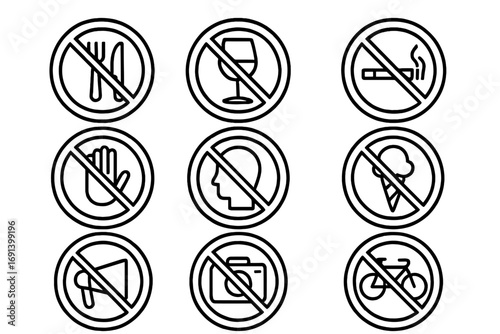 Prohibition signs icon set. Collection of forbidden and warning symbols. Vector outline icons for no eating, no drinking, no smoking, no entry, and no photography.