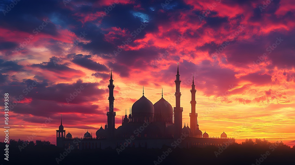 Obraz premium Silhouette of a mosque against a vibrant sunset sky.