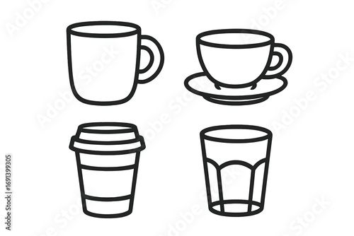 Coffee and tea cup icon set. Vector line art illustration of hot and cold drinks. Mug, espresso cup, disposable paper cup and glass for cafe menu or beverage design.