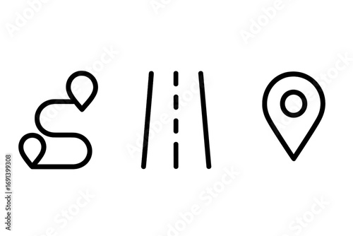 Minimalistic Route, Road, and Map Pin Outline Icons for Web, Apps, Banners, Social Networks, Cards, and Graphic Design Vector Illustration