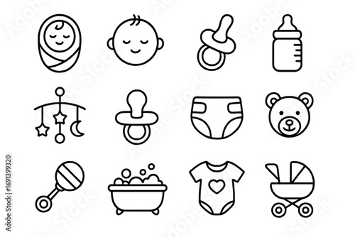 Baby line icon set. Newborn and childcare essentials collection. Simple isolated vector icons for baby shower: pacifier, bottle, diaper, toy, stroller. Editable stroke.