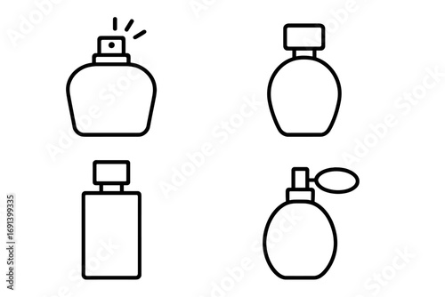 Minimalistic linear perfume bottle icons set for web design, graphic apps, banners, social media, cards, vector cartoon illustration, fragrance, scent, beauty, cosmetics