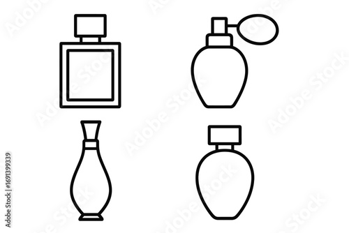 Vector set of perfume bottle outline linear icons, elegant fragrance container symbols, cosmetic packaging design, beauty product silhouette collection, minimal style graphics for web and print