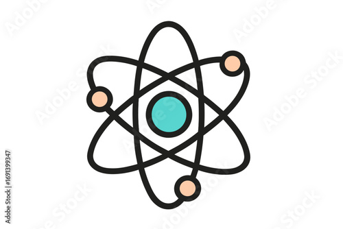 Atom icon vector. Simple linear symbol of physics and chemistry. Science education pictogram. Nuclear energy, molecule structure. Minimalist color illustration for web design.