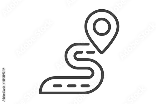 Route navigation icon with road and map pin marker. Outline vector illustration for travel, location, GPS, map apps, navigation, direction, transport, and location services.