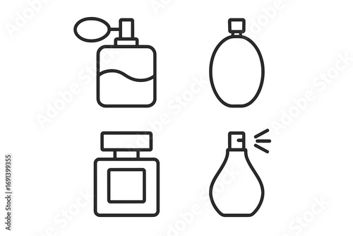 Minimalistic linear perfume bottle icons set for web and graphic design, apps, banners, social media, and cards, vector cartoon illustration with transparent background, four styles