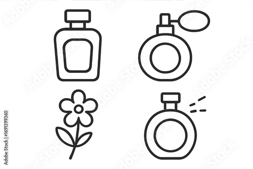 Perfume bottle outline vector set with flower and spray elements for graphic design, web, apps, advertising, cards, transparent background, cosmetic fragrance icons