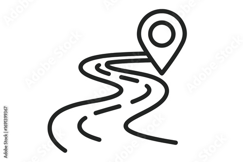 Route and road with map pin location marker outline. Linear vector icon for graphics, web design, travel apps, navigation, maps, direction symbols, and adverts.