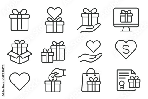 Gift and charity line icon set. Present, donation, and holiday celebration symbols. Outline vector icons for giving, love, support, fundraising, and online shopping.