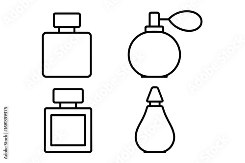 Perfume outline linear icons set, minimalist fragrance bottle symbols, stylish cosmetic design elements for graphic, web, advertising, apps, and cards, vector illustration
