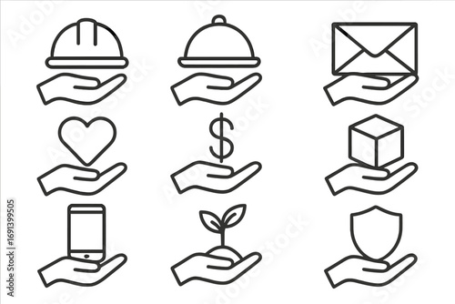 Hand offer and giving icon set. Line icons for service, support, charity. Includes safety, delivery, finance, love, growth, protection. Outline vector symbols for web, app.