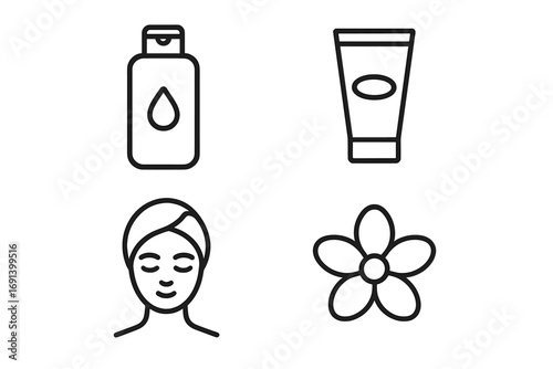 Beauty and skincare line icon set. Vector symbols for cosmetics, spa, shampoo, cream. Woman face, natural flower. Minimalist pictogram for web design, apps, wellness.