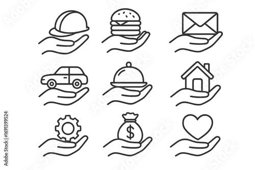 Hand offering service line icon set. Vector pictograms for business concepts like insurance, real estate, food delivery, charity, and work. Outline symbols for web, app, and UI design.
