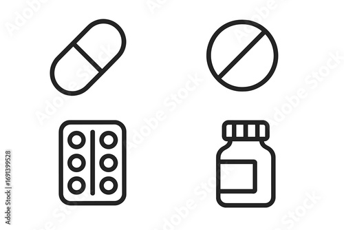 Medicine and pills icon set. Simple outline vector signs of capsule, tablet, blister pack and bottle. Healthcare, pharmacy and drug symbols for web, app, infographics.