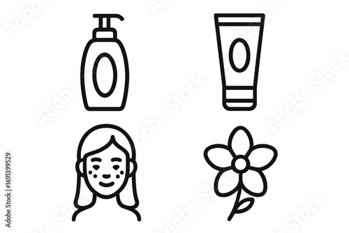 Skin care and beauty linear icon set with shampoo, gel, and cream. Minimal outline pictograms for cosmetics, dermatology, and natural products for web and graphic design.