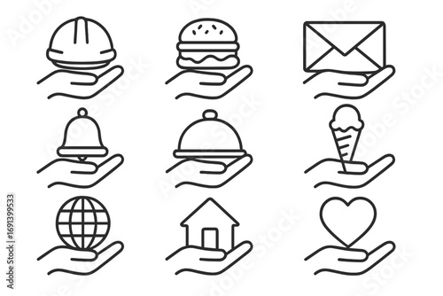 Hand holding objects thin line icon set. Concepts for service, giving, offering, and support. Vector symbols for food delivery, mail, safety, home, love, and global business.