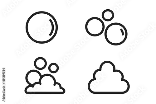 Soap bubble and foam line icon set. Suds bubbles and lather minimal pictogram collection. Vector symbol for web, graphic design, apps. Clean, wash, hygiene concept.