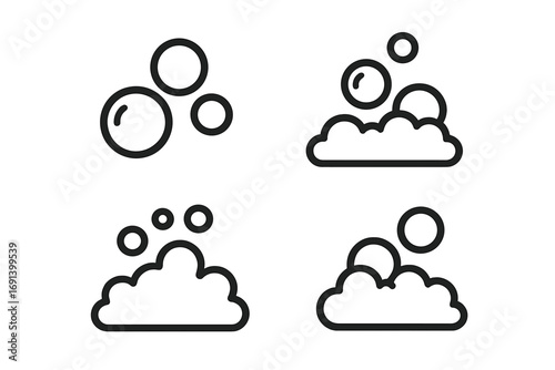 Soap foam and bubbles line icon set. Minimalist pictogram collection for cleaning and hygiene. Suds, lather, and effervescent symbols for web and app design. Vector illustration.