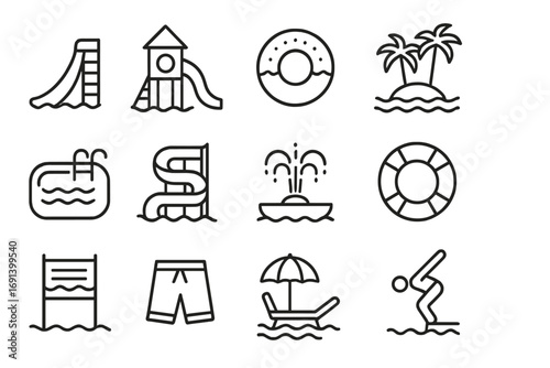 Water park line icon set. Aqua park, summer vacation, swimming pool and beach outline icons. Water slide, palm tree, lifebuoy, shorts for web design, apps, graphic.