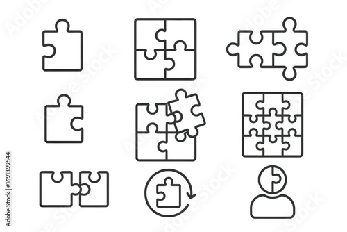 Jigsaw puzzle outline icon collection. Business strategy & solution concept. Metaphor for teamwork, connection, problem-solving, challenge & logic. Editable stroke vector set.