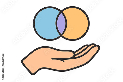Hand holding intersected circles. Venn diagram symbol for web, apps. Metaphor for synergy, common ground, partnership. Business analysis, data visualization, comparison concept.