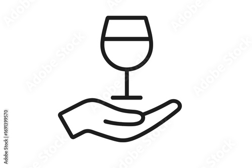 Hand holding wine glass line icon. Sommelier offering drink. Wine tasting, bar, restaurant service concept. Vector for menu, app logo. Hospitality, celebration pictogram.
