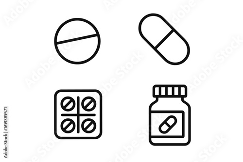 Pills medications icon set. Simple outline line art. Tablet, capsule, blister pack, medicine bottle. Web, app, infographic symbol. Healthcare, pharmacy, medical concept vector.