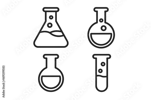 Laboratory flask and test tube icon set. Science and chemistry concept. Outline vector symbols for lab research, medical analysis, education. Chemical experiment glassware.